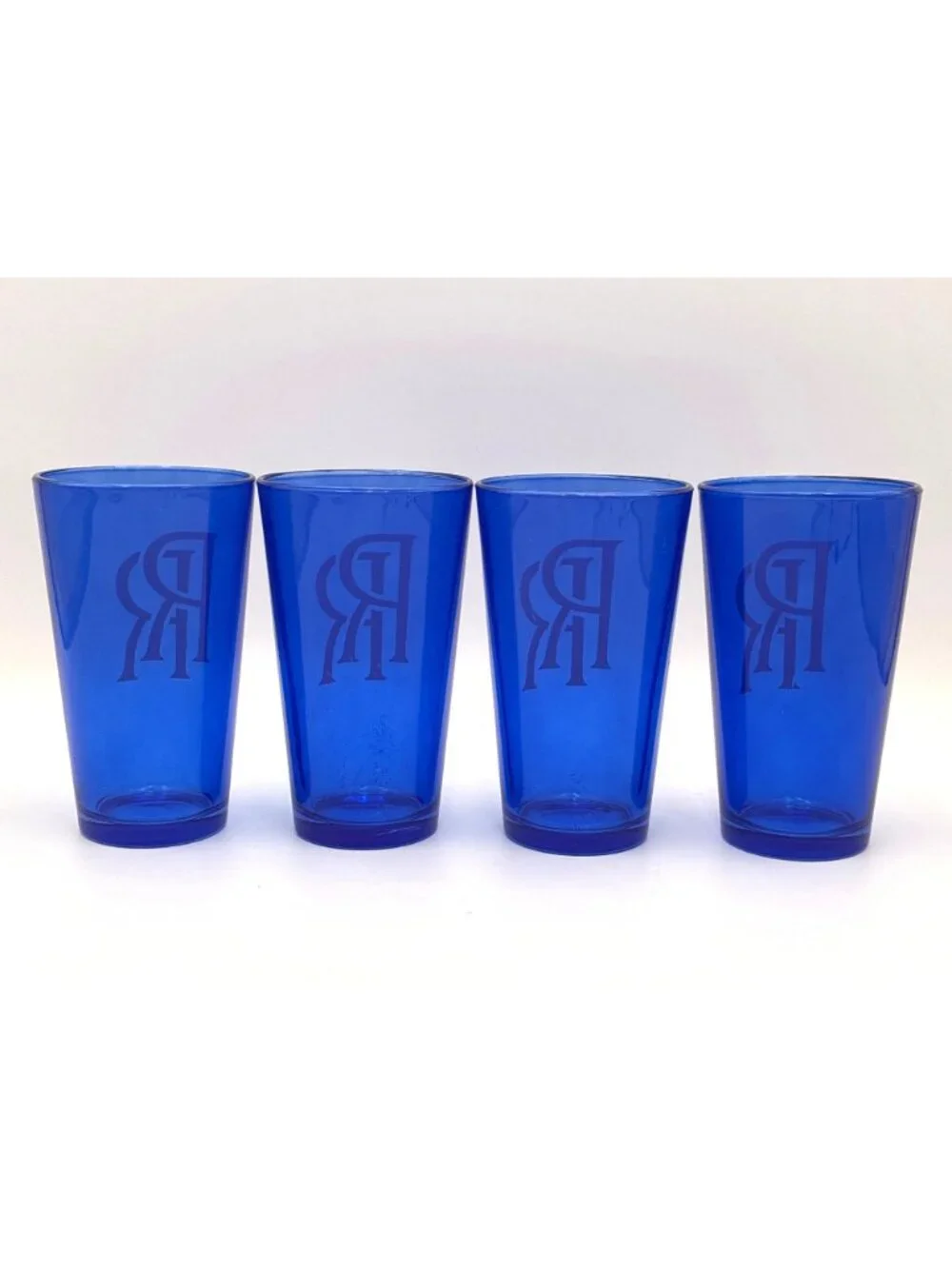 Set Of 4 Rolls-Royce RR Logo Drinking Glass Blue Frosted White Logo 16oz